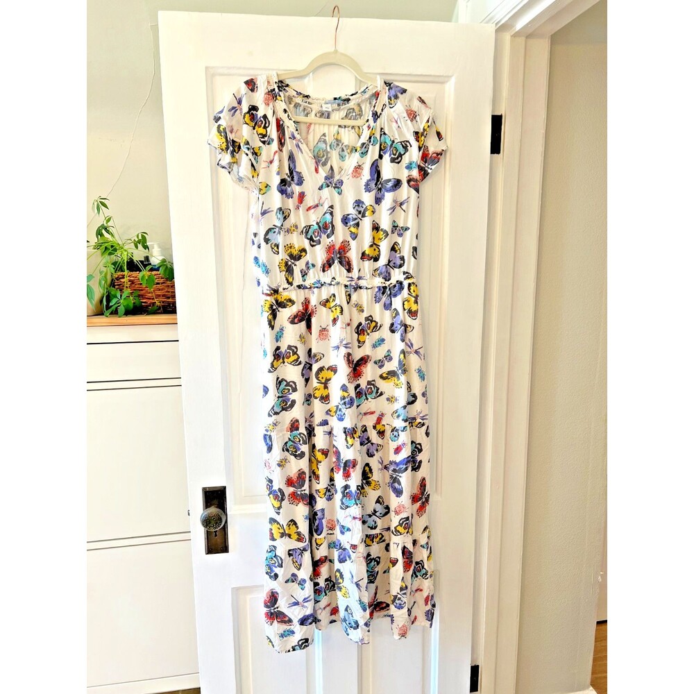 Old Navy Butterflies Bugs Tiered Fit Flare All Day Maxi Dress Women's L White